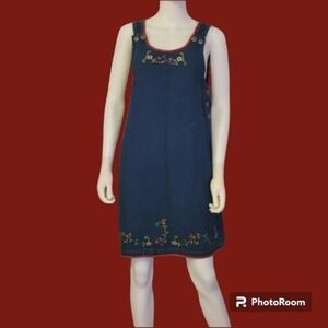 VTG SUN RIVER 1980s Mod Denim Chambray Floral Embroidered Tank Romper Dress